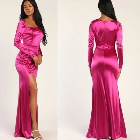 Lulus Off to the Ball Magenta Satin Long Sleeve Maxi Dress NWT - Picture 1 of 13